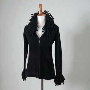 Vintage 70s/80s Black Bouclé Fringe Cardigan Sweater – Dramatic Collar & Cuffs